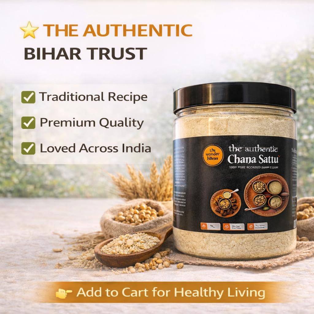 The Authentic Bihar Chana Sattu | 100% Pure Roasted Gram Flour | High Protein & Fiber | Traditional Bihar Superfood | For Sattu Drink, Litti & Paratha | Natural Cooling Summer Drink (Jar)