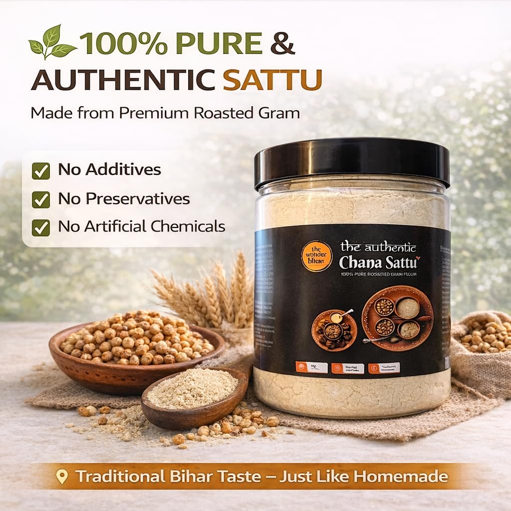 The Authentic Bihar Chana Sattu | 100% Pure Roasted Gram Flour | High Protein & Fiber | Traditional Bihar Superfood | For Sattu Drink, Litti & Paratha | Natural Cooling Summer Drink (Jar)