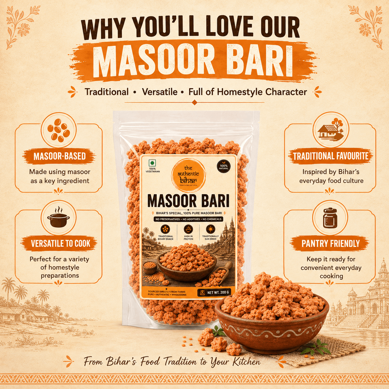 The Authentic Bihar Masoor Dal Bari | Traditional Bihari Sun-Dried Masoor Dal Bari | 200g
