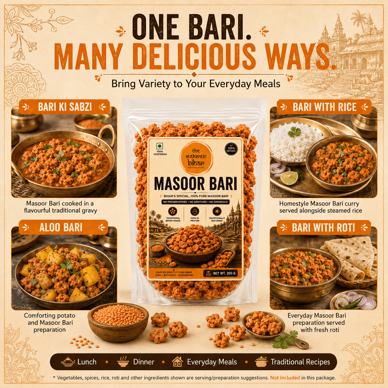 The Authentic Bihar Masoor Dal Bari | Traditional Bihari Sun-Dried Masoor Dal Bari | 200g